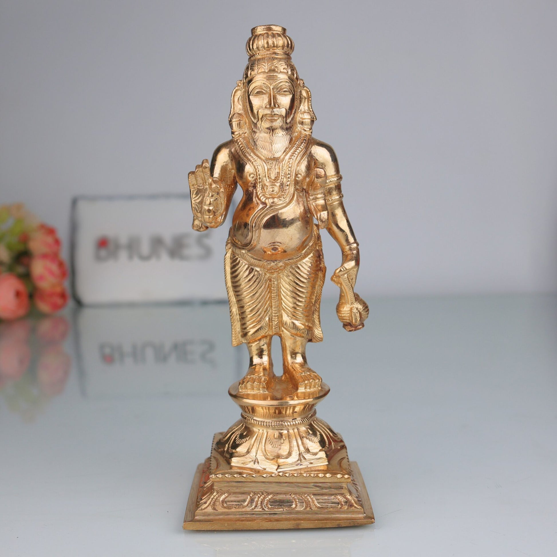Bronze Agastya Idol – Handcrafted Panchaloha Sage Agasthya Muni Statue | Tamil Siddhar Agathiyar Sculpture in Chola Art Style, Gold, 8 Inch, 1 Piece