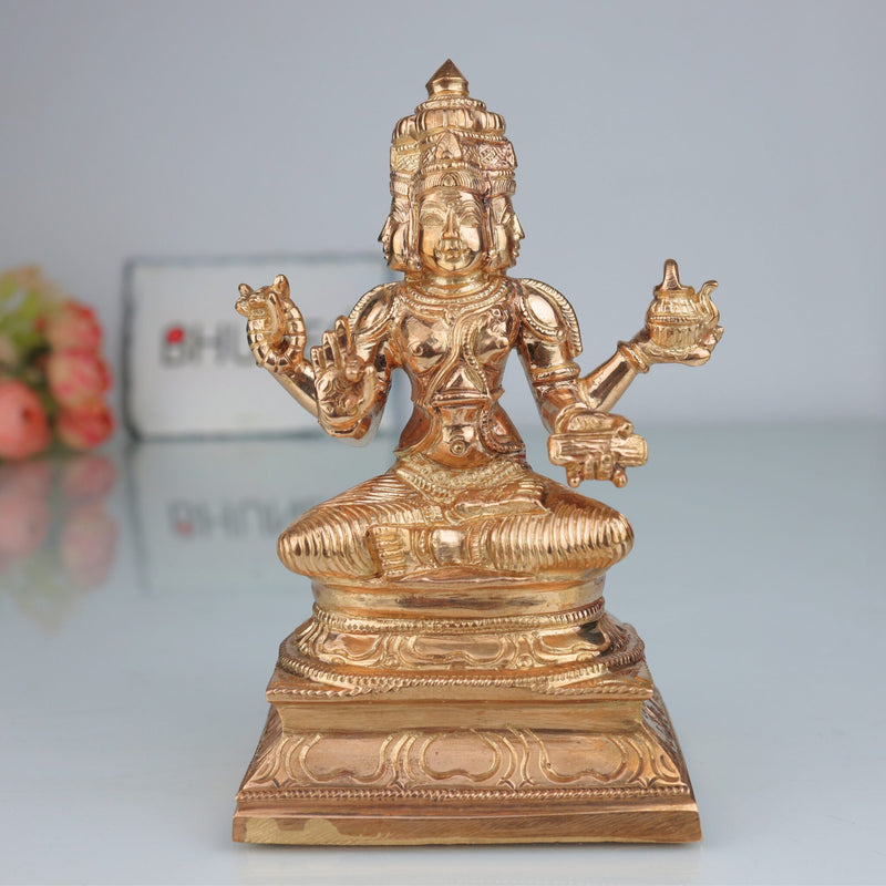 Handcrafted Bronze Chaturmukha Brahma Idol | Panchaloha Hiranyagarbha Prajapati Murti | Four-Faced Kamalasan Creator God Statue for Pooja, Temple & Vastu Decor, Gold, 6.5 Inch, 1 Piece