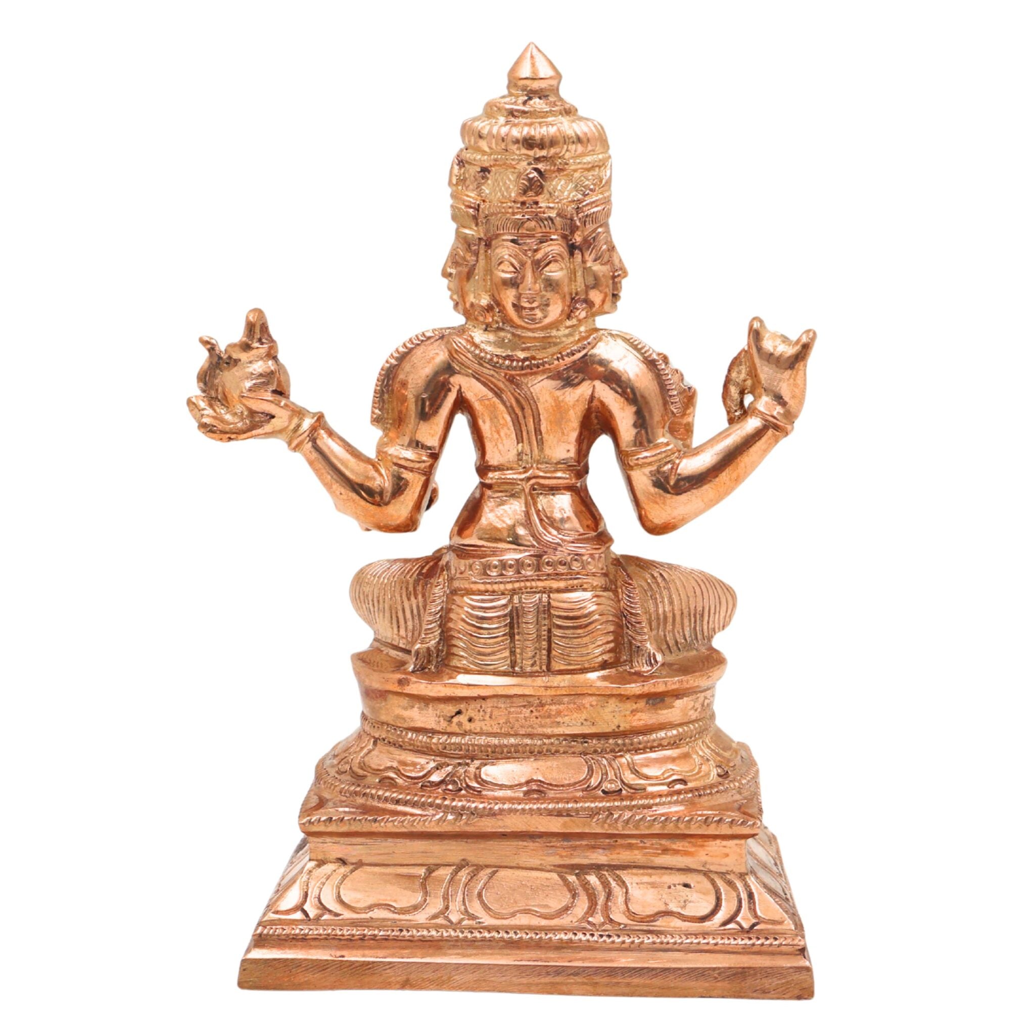Handcrafted Bronze Chaturmukha Brahma Idol | Panchaloha Hiranyagarbha Prajapati Murti | Four-Faced Kamalasan Creator God Statue for Pooja, Temple & Vastu Decor, Gold, 6.5 Inch, 1 Piece