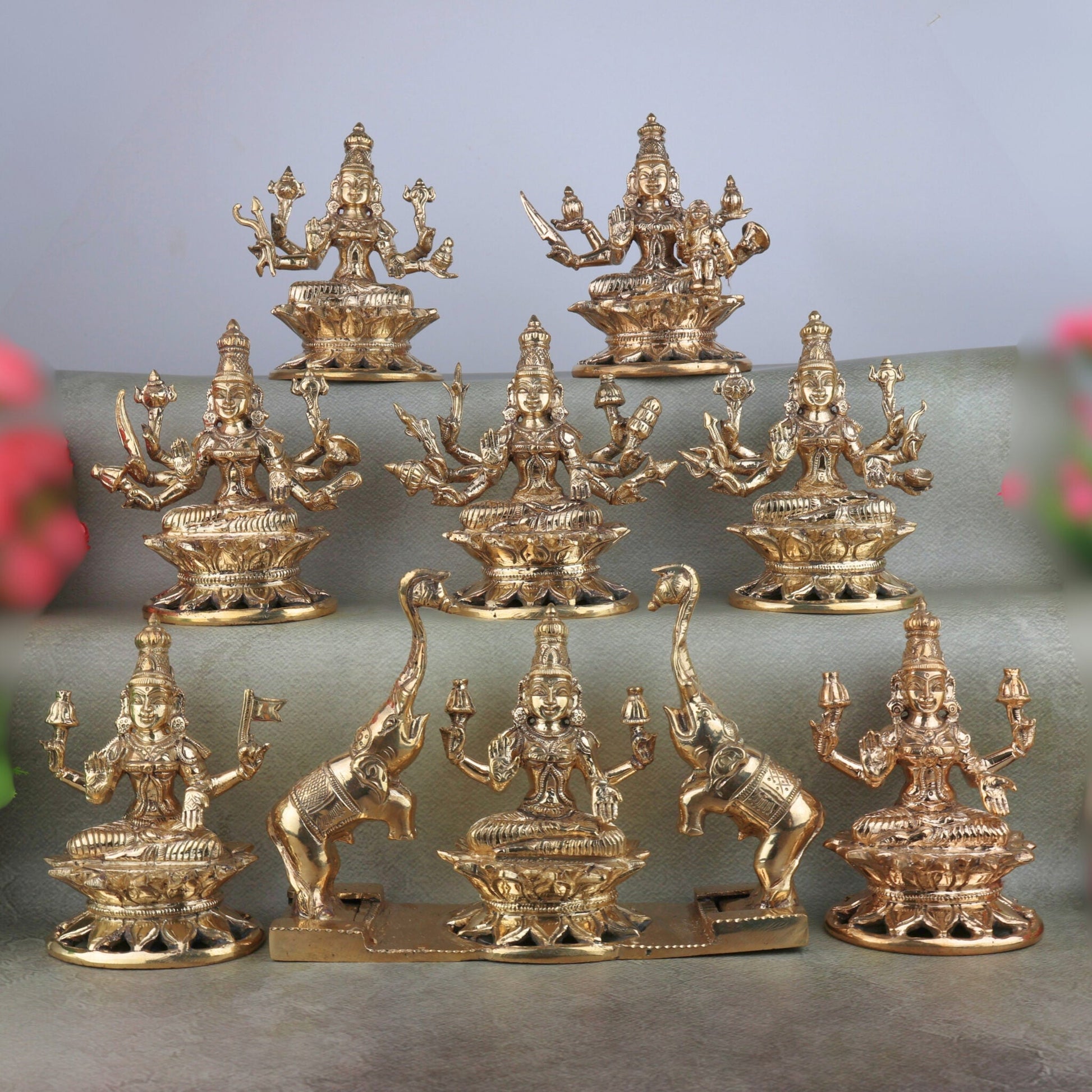 Handcrafted Bronze Ashta  Lakshmi Idol Set – Panchaloha Asta Laxmi Murti in Chola Art | Kanchu / Pittalai South Indian Temple Style Statues, Gold, 5.5 Inch, 8 Piece