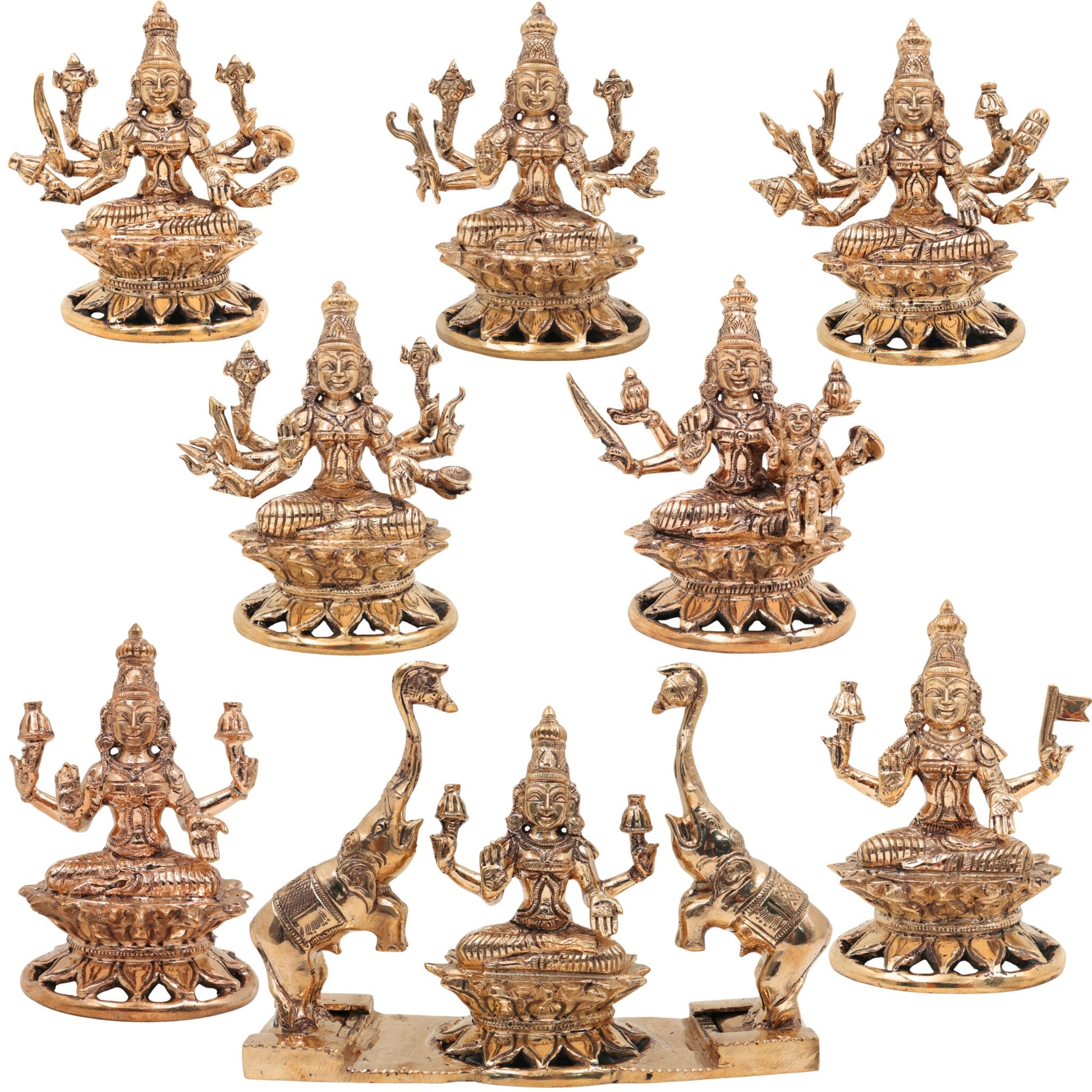 Handcrafted Bronze Ashta  Lakshmi Idol Set – Panchaloha Asta Laxmi Murti in Chola Art | Kanchu / Pittalai South Indian Temple Style Statues, Gold, 5.5 Inch, 8 Piece
