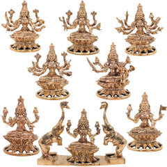 Handcrafted Bronze Ashta  Lakshmi Idol Set – Panchaloha Asta Laxmi Murti in Chola Art | Kanchu / Pittalai South Indian Temple Style Statues, Gold, 5.5 Inch, 8 Piece