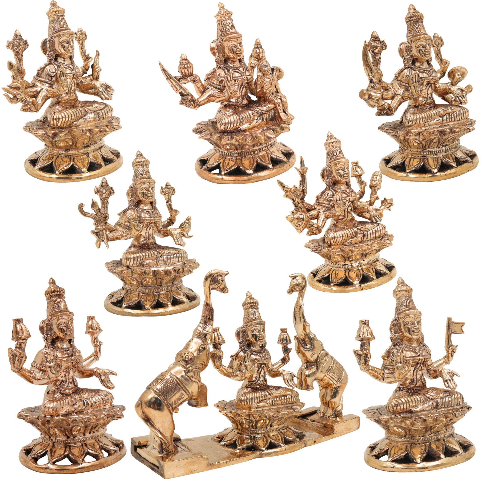Handcrafted Bronze Ashta  Lakshmi Idol Set – Panchaloha Asta Laxmi Murti in Chola Art | Kanchu / Pittalai South Indian Temple Style Statues, Gold, 5.5 Inch, 8 Piece