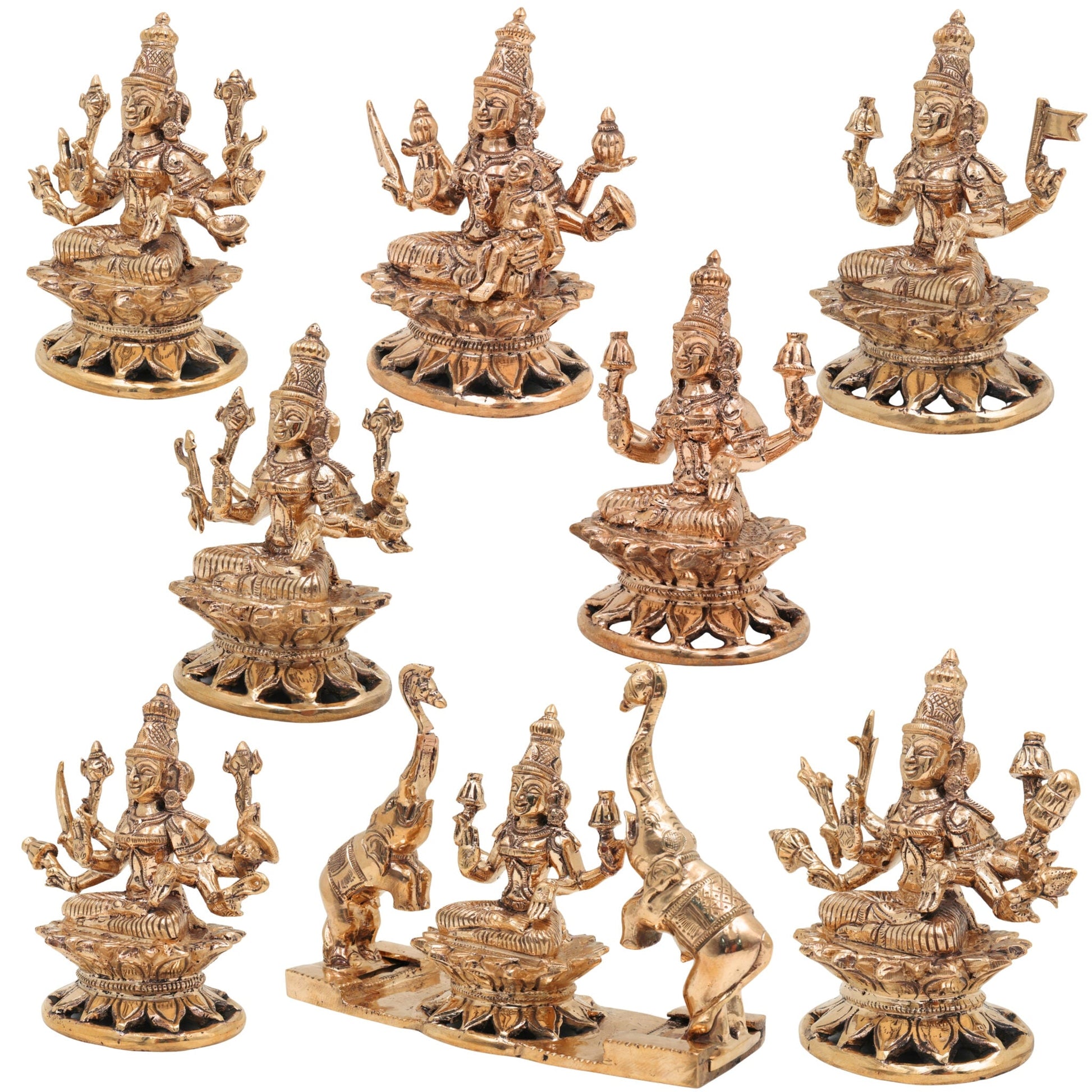 Handcrafted Bronze Ashta  Lakshmi Idol Set – Panchaloha Asta Laxmi Murti in Chola Art | Kanchu / Pittalai South Indian Temple Style Statues, Gold, 5.5 Inch, 8 Piece