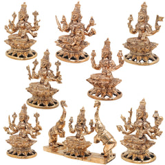 Handcrafted Bronze Ashta  Lakshmi Idol Set – Panchaloha Asta Laxmi Murti in Chola Art | Kanchu / Pittalai South Indian Temple Style Statues, Gold, 5.5 Inch, 8 Piece