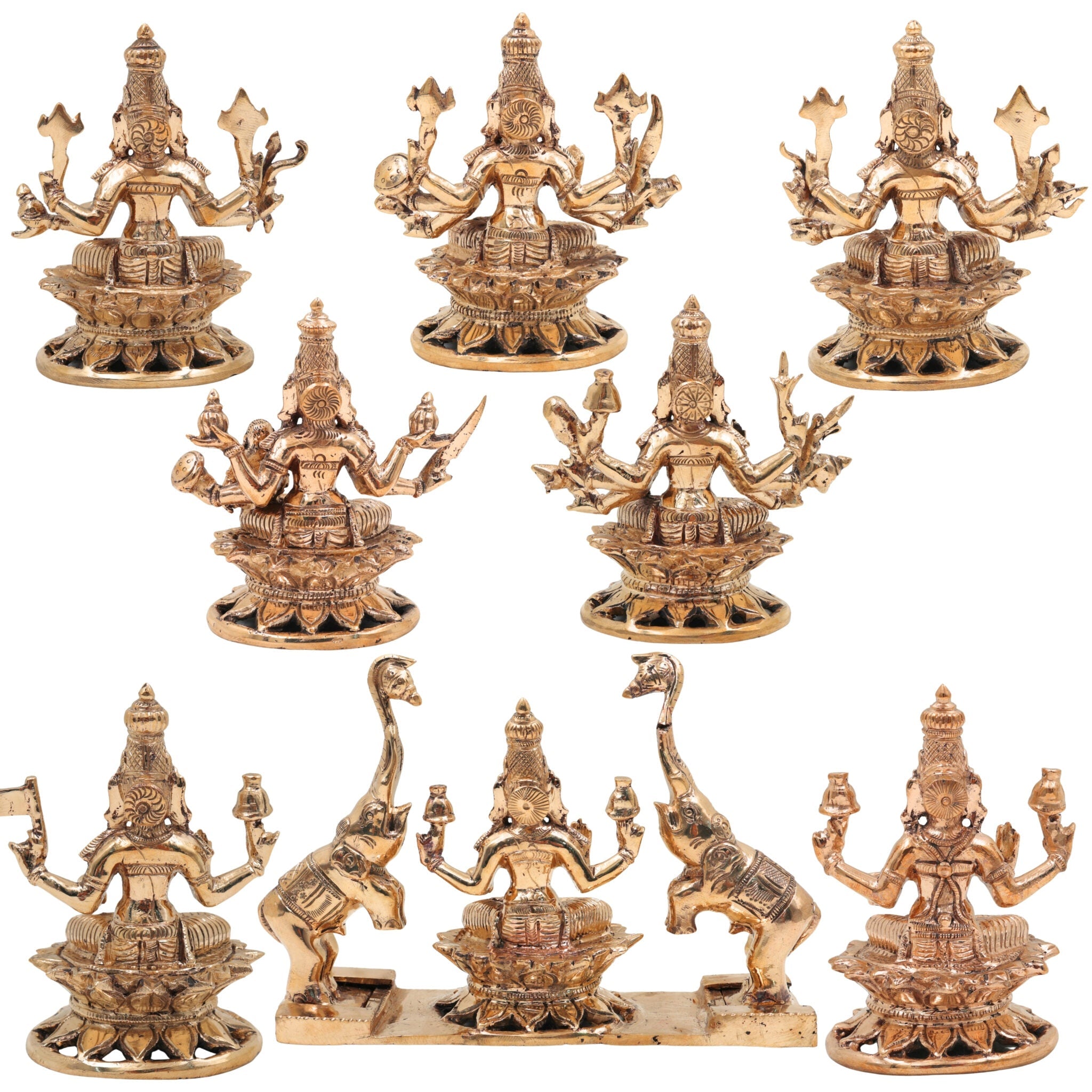 Handcrafted Bronze Ashta  Lakshmi Idol Set – Panchaloha Asta Laxmi Murti in Chola Art | Kanchu / Pittalai South Indian Temple Style Statues, Gold, 5.5 Inch, 8 Piece