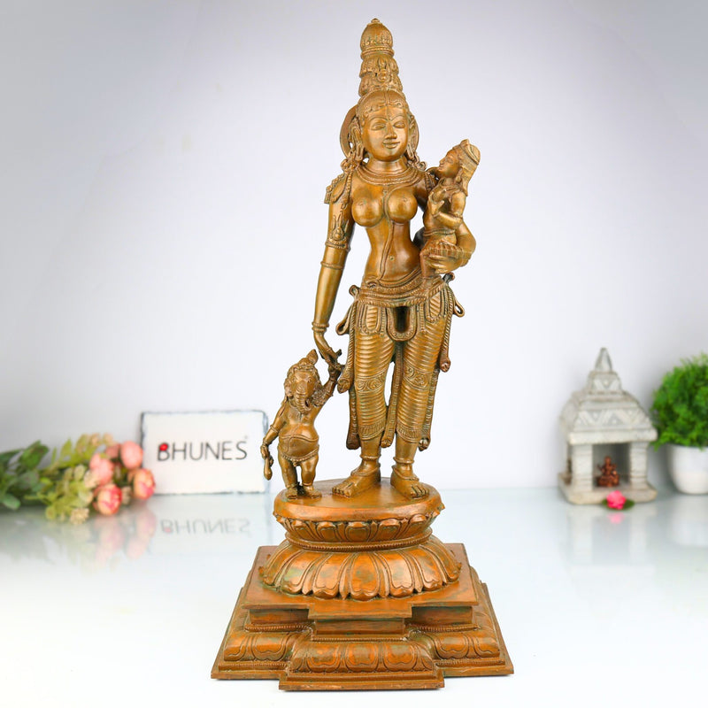 Handcrafted Panchaloha Parvati Ganesh Murugan Idol | South Indian Divine Parivar Sculpture in Bronze – Gauri with Vinayaka and Skanda, Gold, 19.5 Inch, 1 Piece