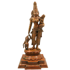 Handcrafted Panchaloha Parvati Ganesh Murugan Idol | South Indian Divine Parivar Sculpture in Bronze – Gauri with Vinayaka and Skanda, Gold, 19.5 Inch, 1 Piece