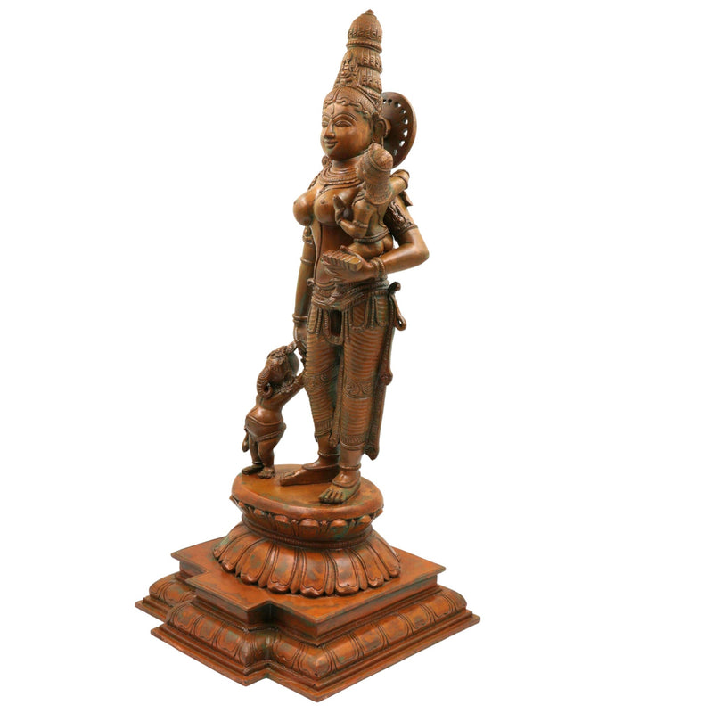 Handcrafted Panchaloha Parvati Ganesh Murugan Idol | South Indian Divine Parivar Sculpture in Bronze – Gauri with Vinayaka and Skanda, Gold, 19.5 Inch, 1 Piece