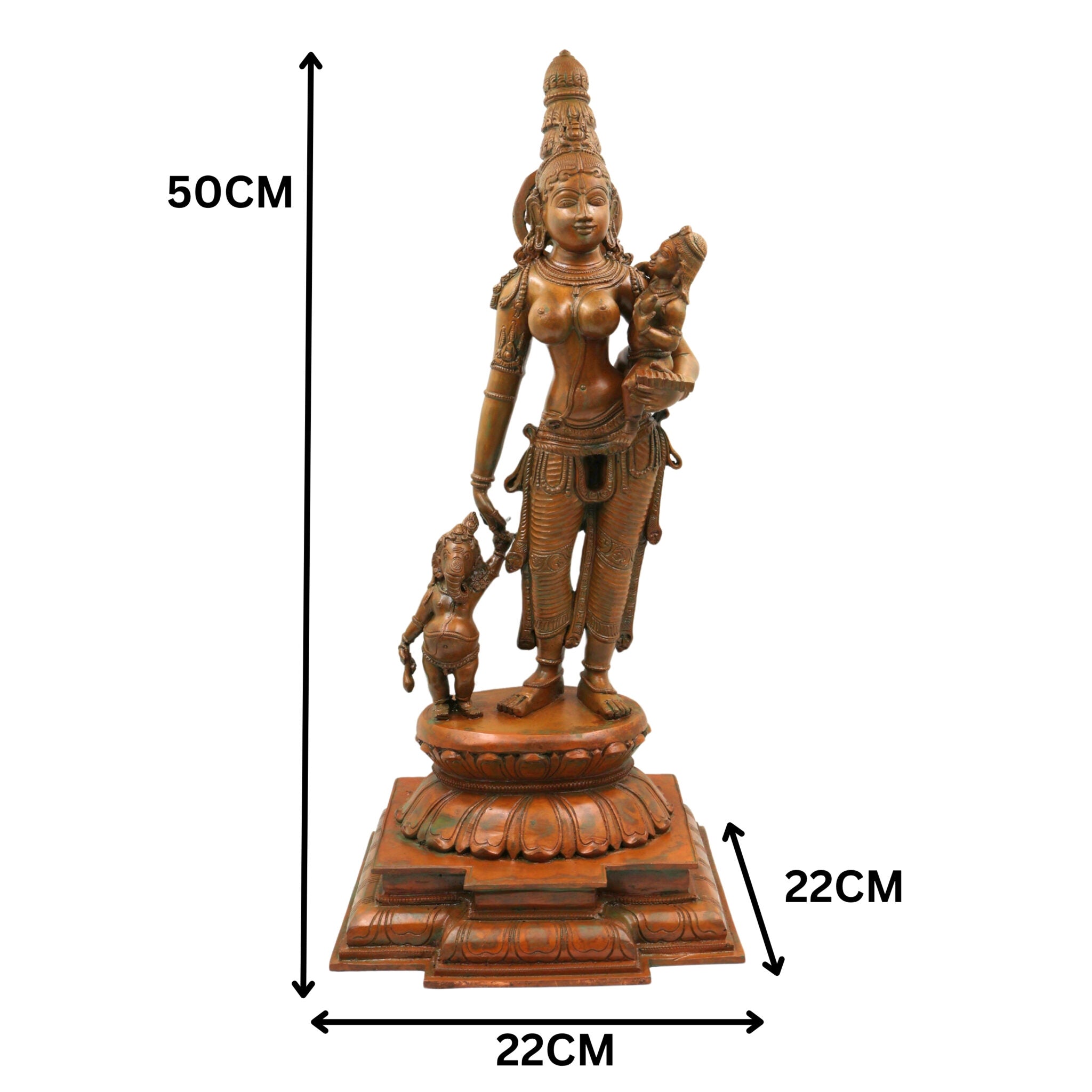 Handcrafted Panchaloha Parvati Ganesh Murugan Idol | South Indian Divine Parivar Sculpture in Bronze – Gauri with Vinayaka and Skanda, Gold, 19.5 Inch, 1 Piece