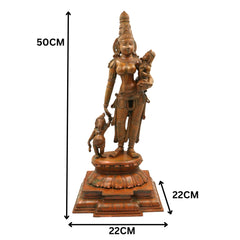 Handcrafted Panchaloha Parvati Ganesh Murugan Idol | South Indian Divine Parivar Sculpture in Bronze – Gauri with Vinayaka and Skanda, Gold, 19.5 Inch, 1 Piece