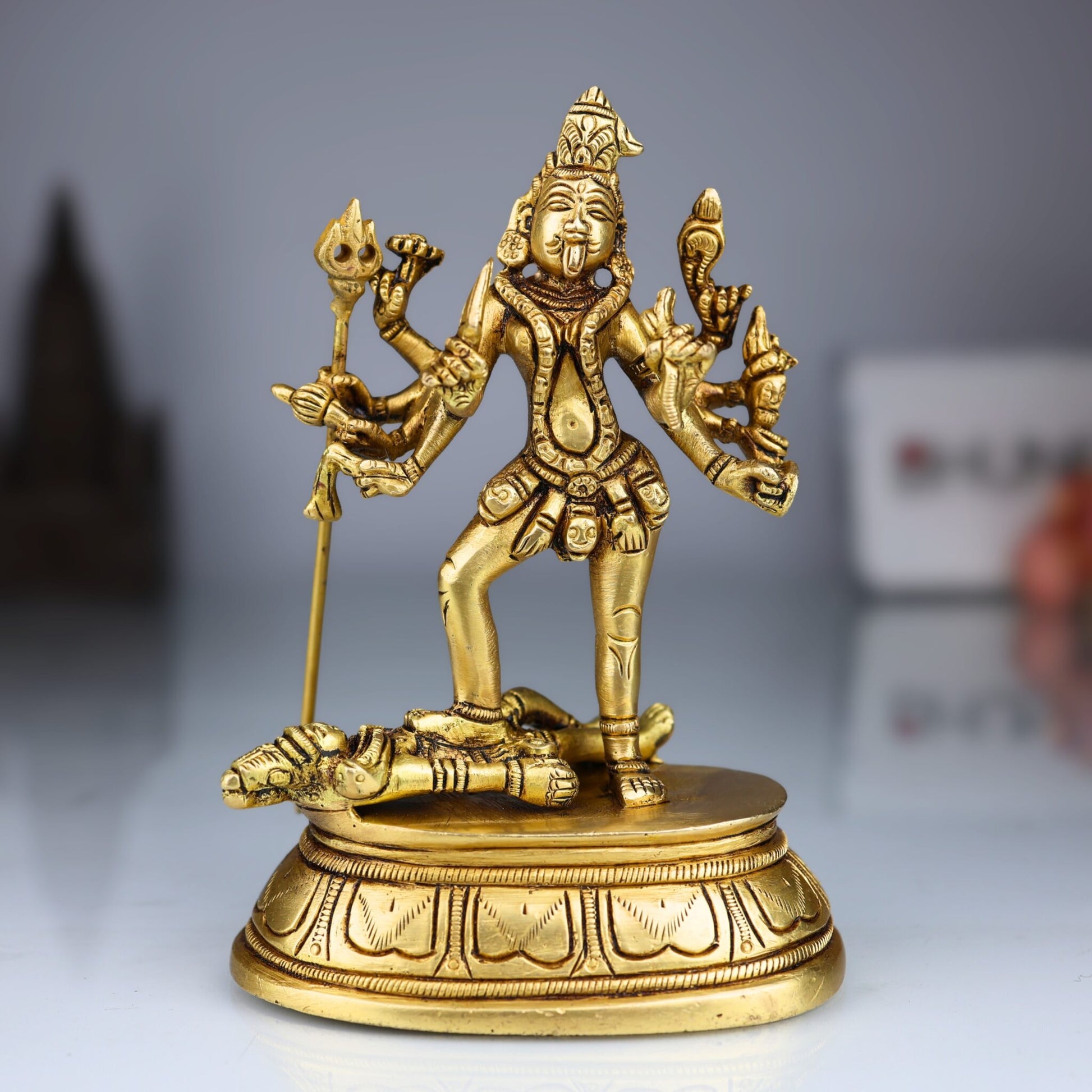 Brass Kali Idol – Mahakali Chamunda Bhadrakali Standing on Shiva Moorthi for Pooja, Temple & Home Decor, Gold, 6 Inch, 1 Piece