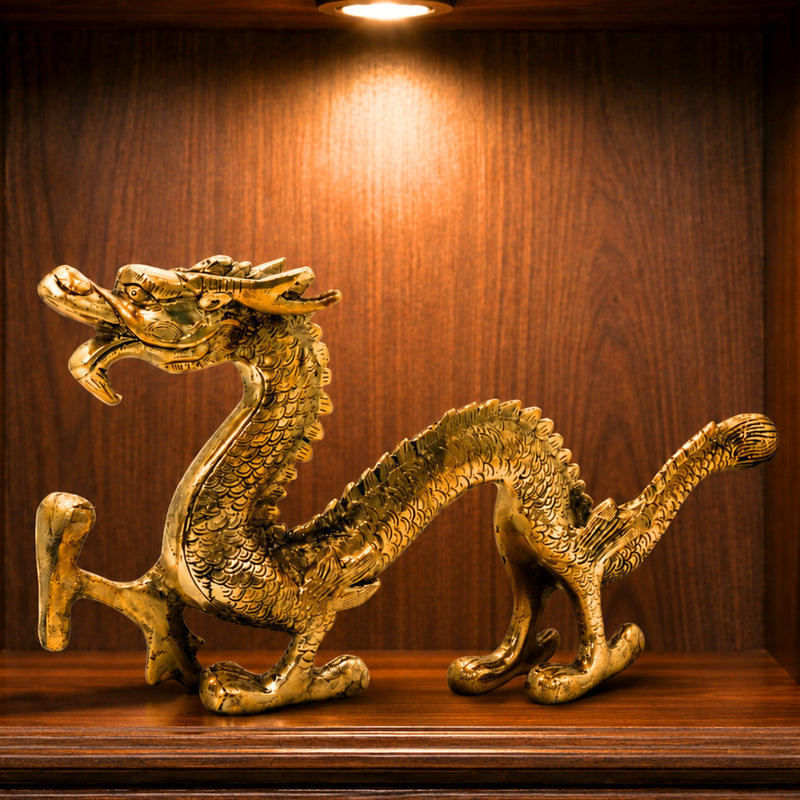 Brass Handcrafted Dragon Naga, Feng Shui Serpent Guardian, Vastu Pital Celestial Sculpture for Home Decor, Gold, 6 Inch