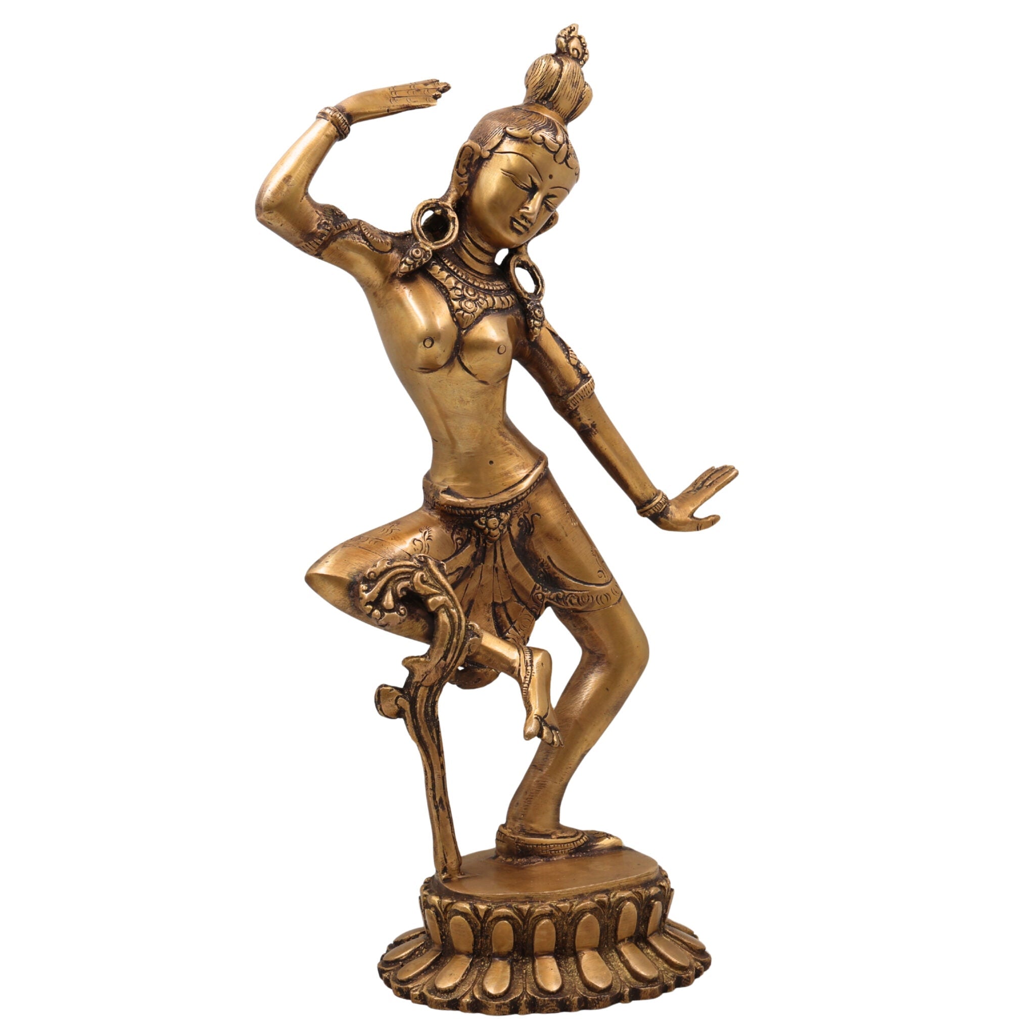 Brass Apsara Idol – Urvashi Devangana Celestial Dancer Murti | Handcrafted Peetal Swargiya Nartaki Sculpture for Home Mandir & Decor, Gold, 15.5 Inch