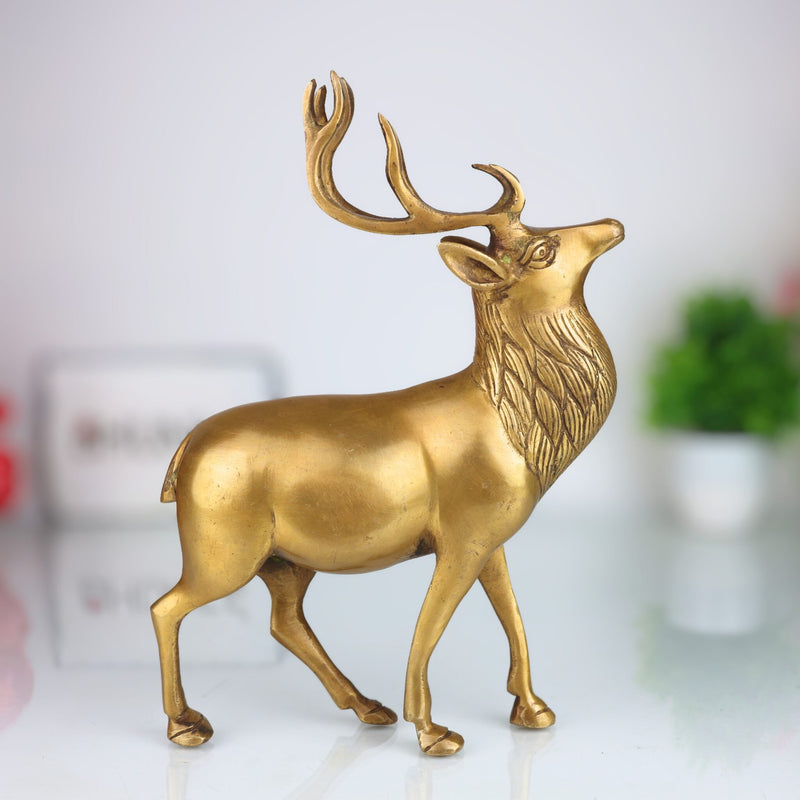 Brass Handcrafted Deer – Chital, Barasingha, Mriga, Hiran, Krishnamriga Sculpture for Home Temple, Pooja, Vastu Decor & Gifts, Gold, 10 Inch