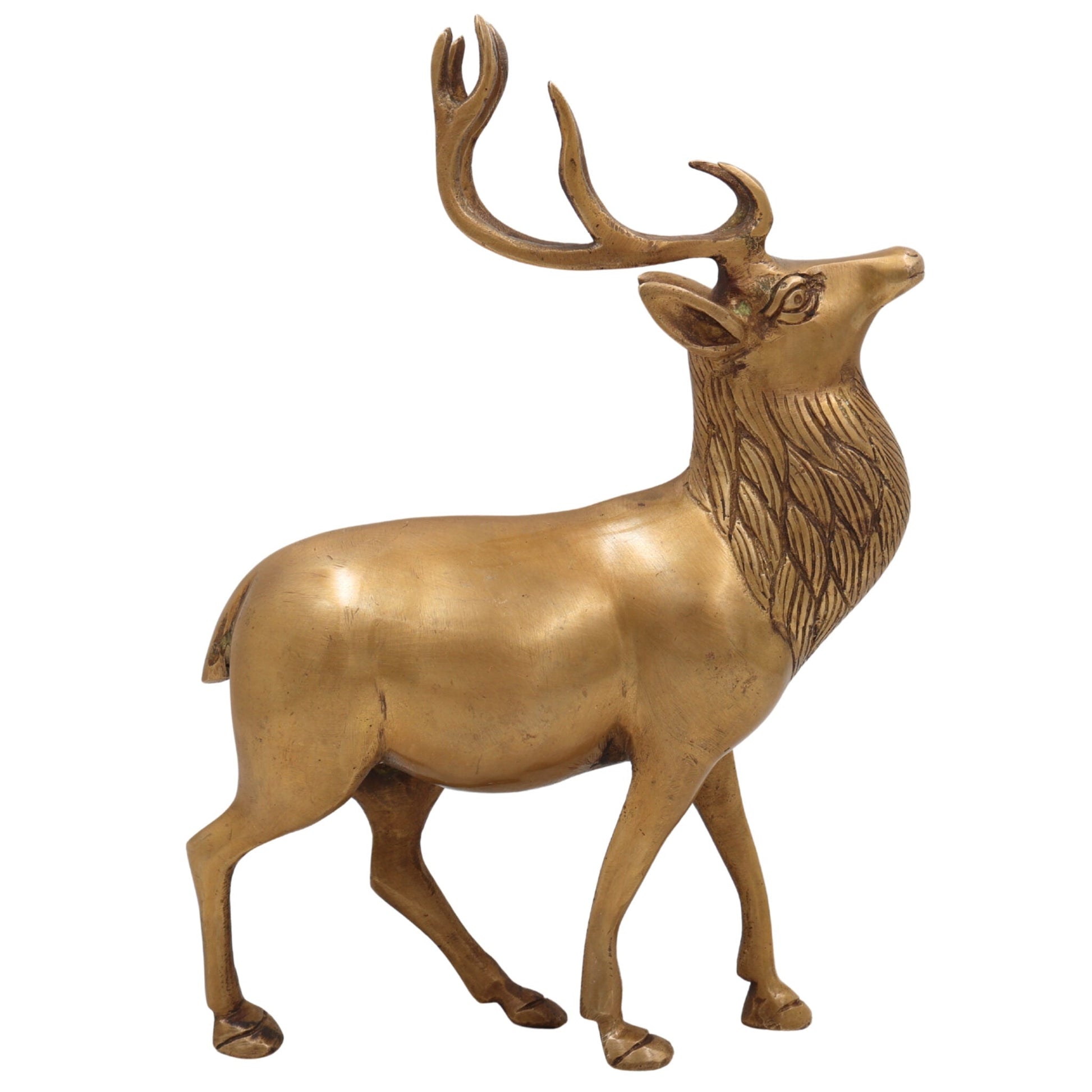 Brass Handcrafted Deer – Chital, Barasingha, Mriga, Hiran, Krishnamriga Sculpture for Home Temple, Pooja, Vastu Decor & Gifts, Gold, 10 Inch