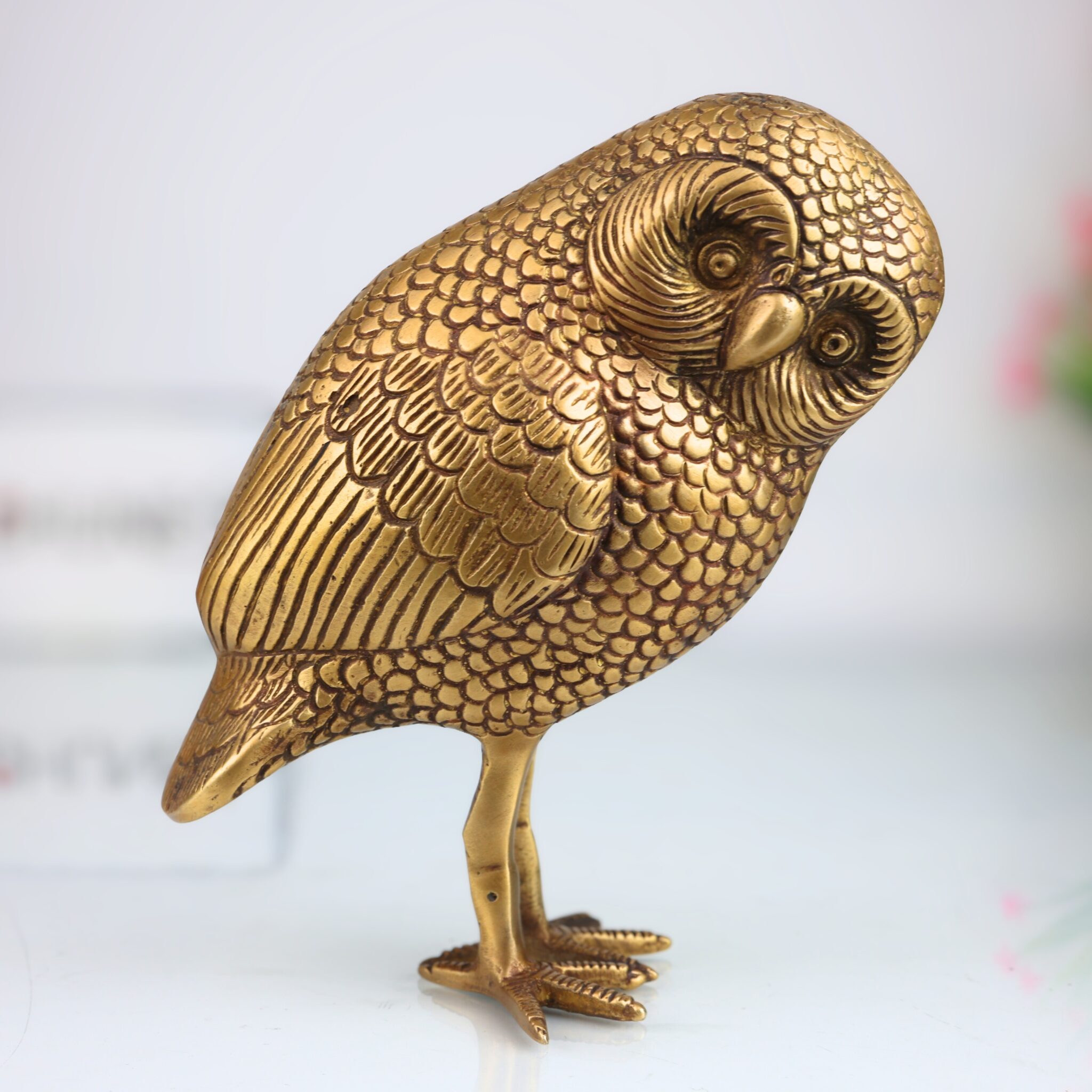 Brass Owl Idol Ullu Murti for Home Decor, Vastu, Pooja | Handcrafted Peetal Uluka Sculpture by Bhunes, Gold, 10 Inch