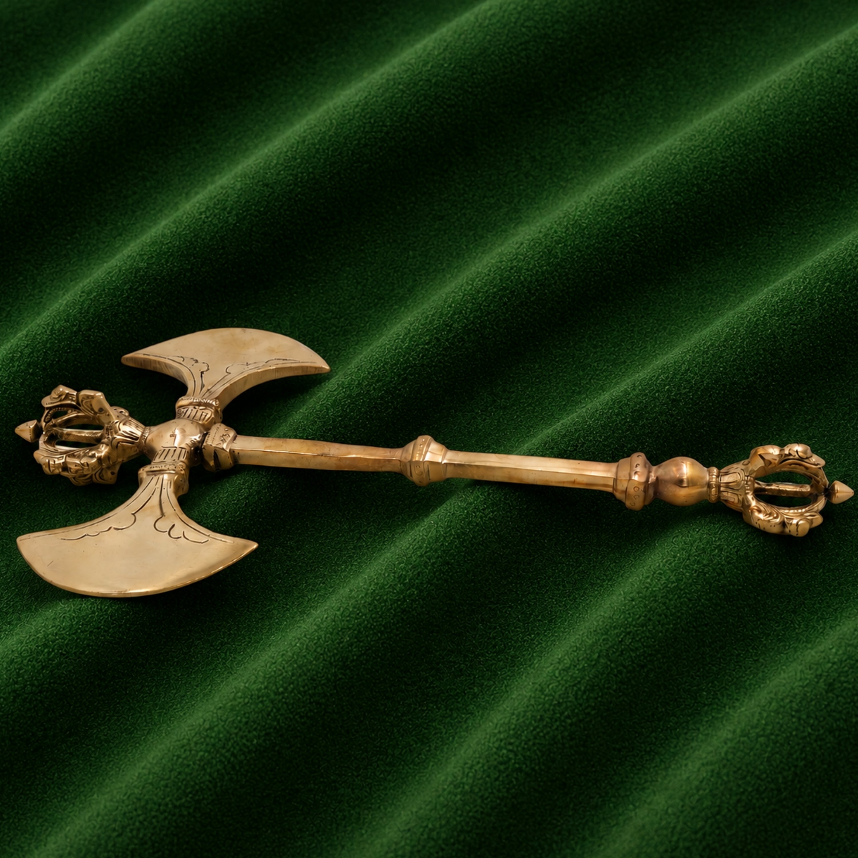Brass Parashu Dorje Axe Sculpture, Hindu Buddhist Shakti Parshu Vajra, Peetal Parashuram Ritual Weapon Sculpture for Home Temple & Pooja Decor, Gold, 8 Inch