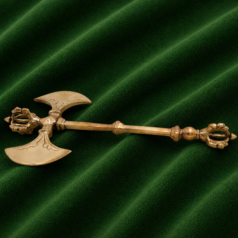 Brass Parashu Dorje Axe Sculpture, Hindu Buddhist Shakti Parshu Vajra, Peetal Parashuram Ritual Weapon Sculpture for Home Temple & Pooja Decor, Gold, 8 Inch