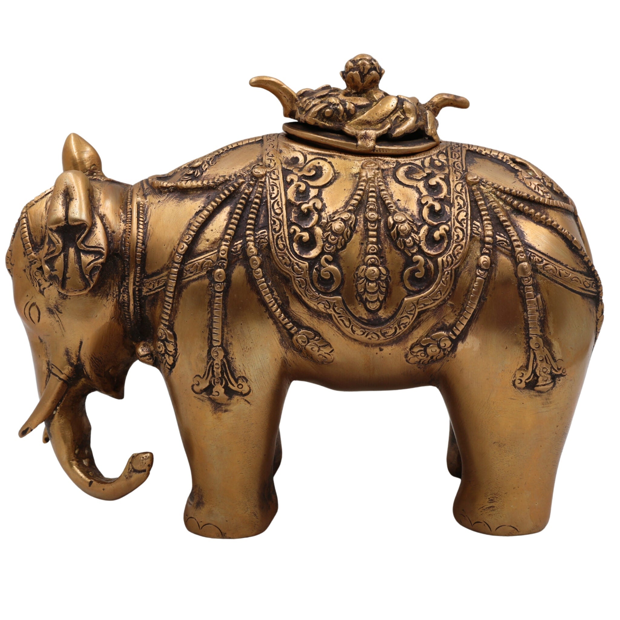 Handcrafted Brass Gajraj Dhoop Burner, Peetal Elephant Incense Holder, Airavata Gajavahana Hathi Murti for Puja, Vastu & Home Decor, Gold, 7.5 Inch