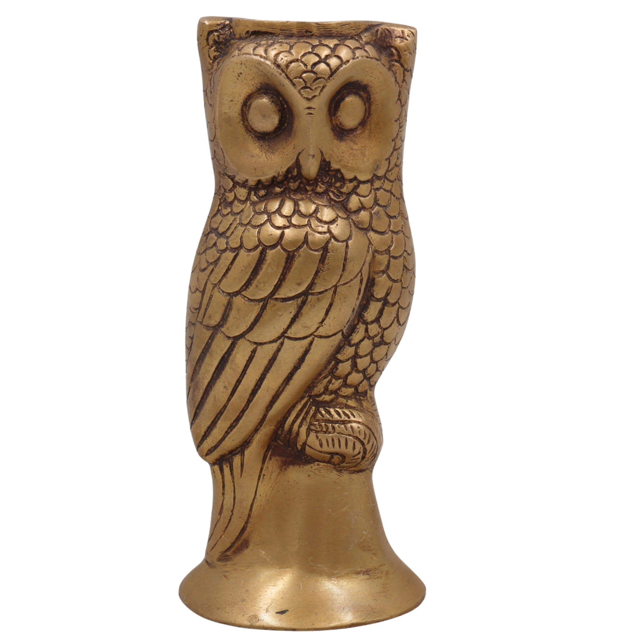 Brass Handcrafted Ullu Pen Holder – Uluka Moorthi Owl Idol for Vastu, Office Decor & Gift – Peetal Ulooka Sculpture by Bhunes, Gold, 7 Inch