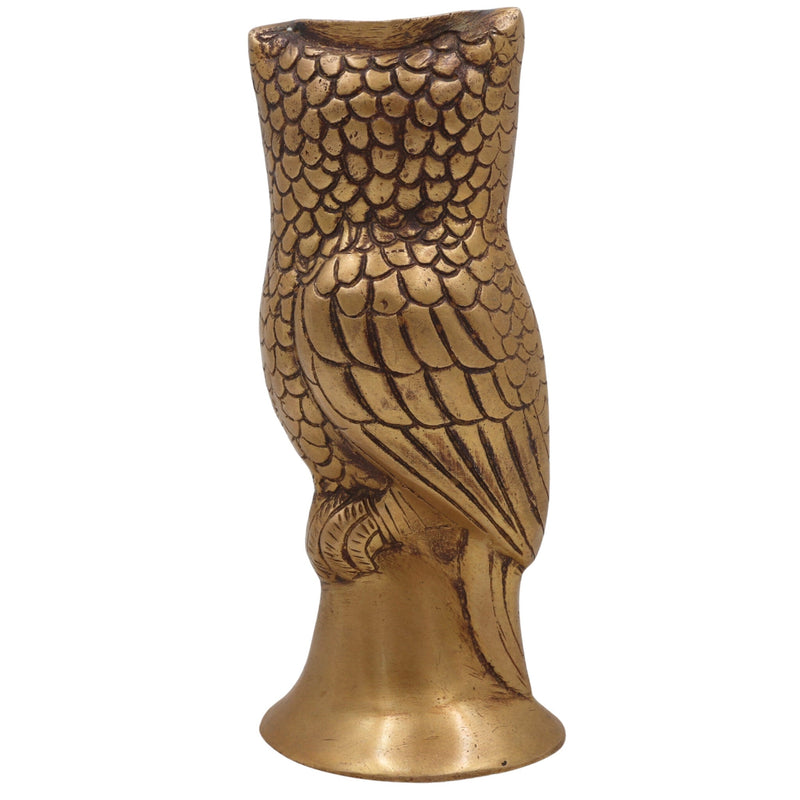 Brass Handcrafted Ullu Pen Holder – Uluka Moorthi Owl Idol for Vastu, Office Decor & Gift – Peetal Ulooka Sculpture by Bhunes, Gold, 7 Inch
