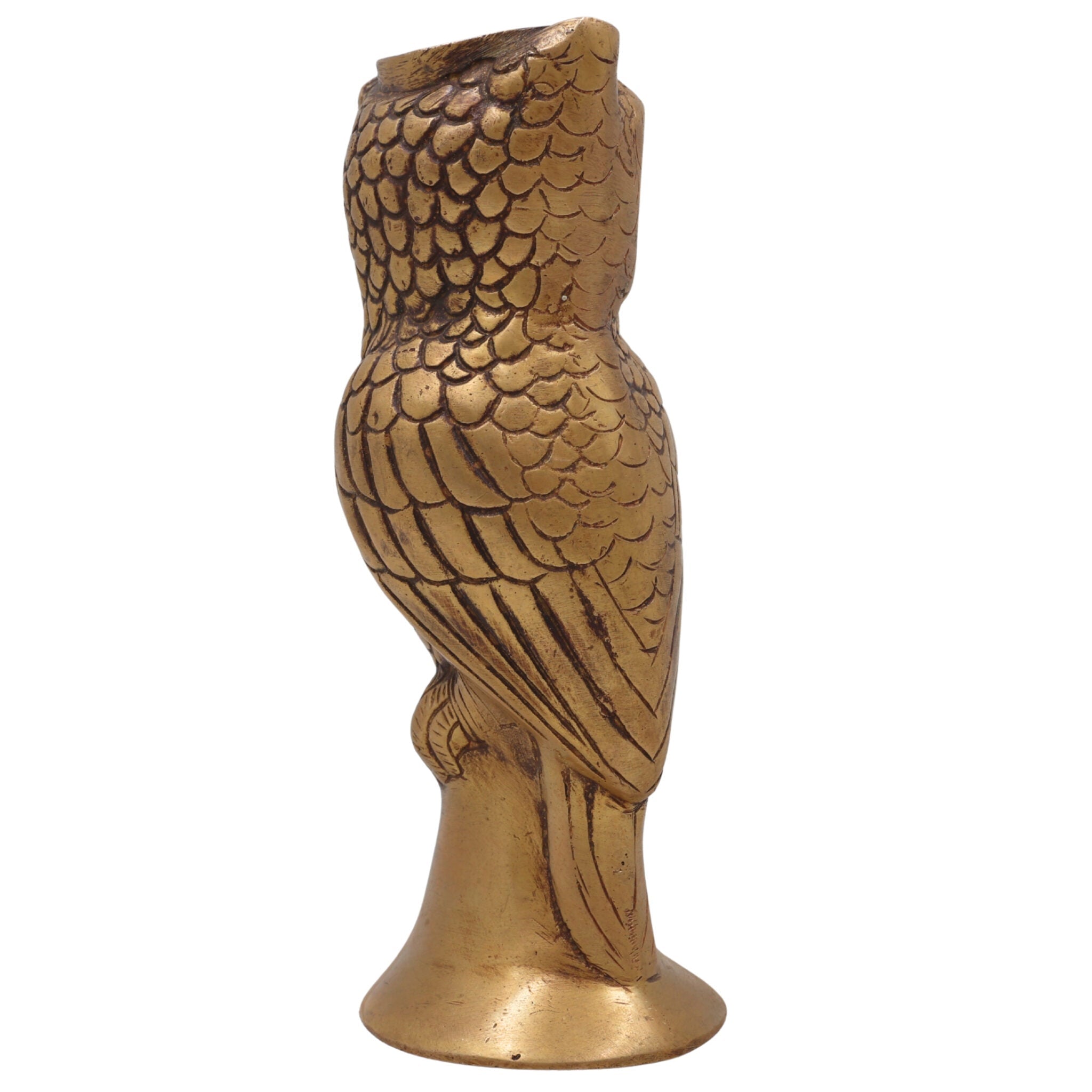 Brass Handcrafted Ullu Pen Holder – Uluka Moorthi Owl Idol for Vastu, Office Decor & Gift – Peetal Ulooka Sculpture by Bhunes, Gold, 7 Inch