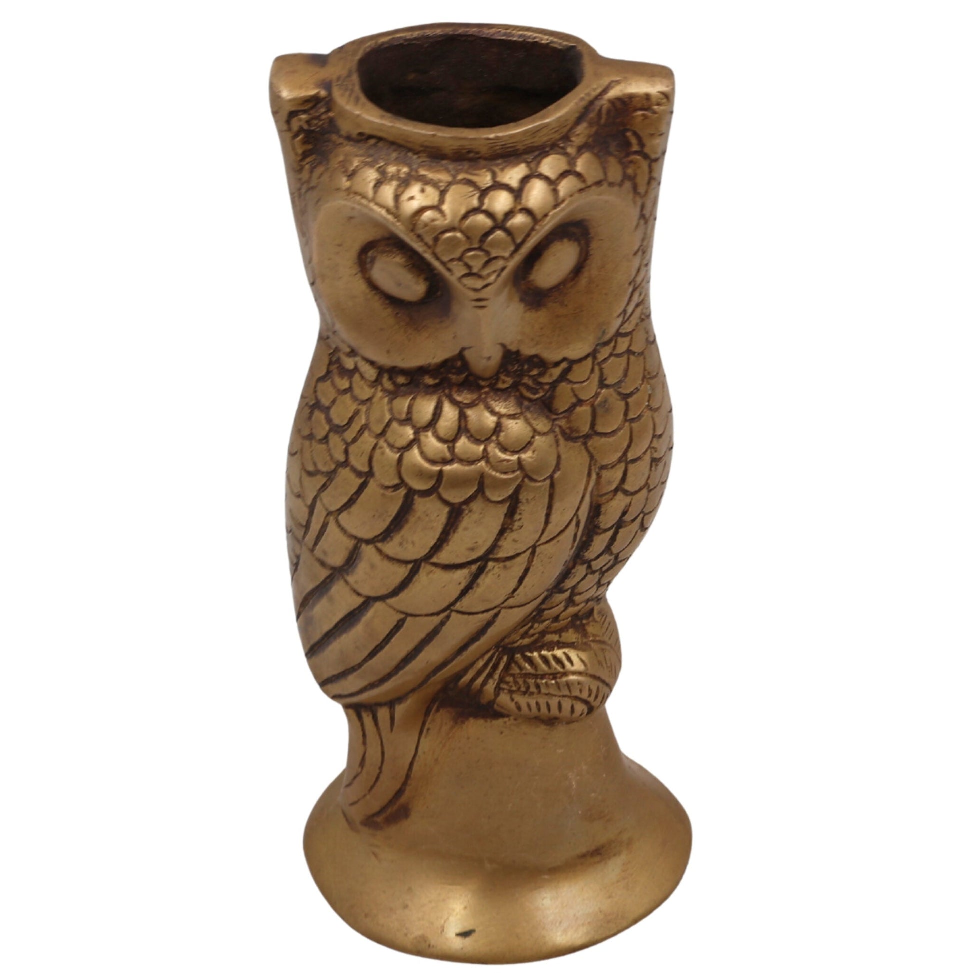 Brass Handcrafted Ullu Pen Holder – Uluka Moorthi Owl Idol for Vastu, Office Decor & Gift – Peetal Ulooka Sculpture by Bhunes, Gold, 7 Inch