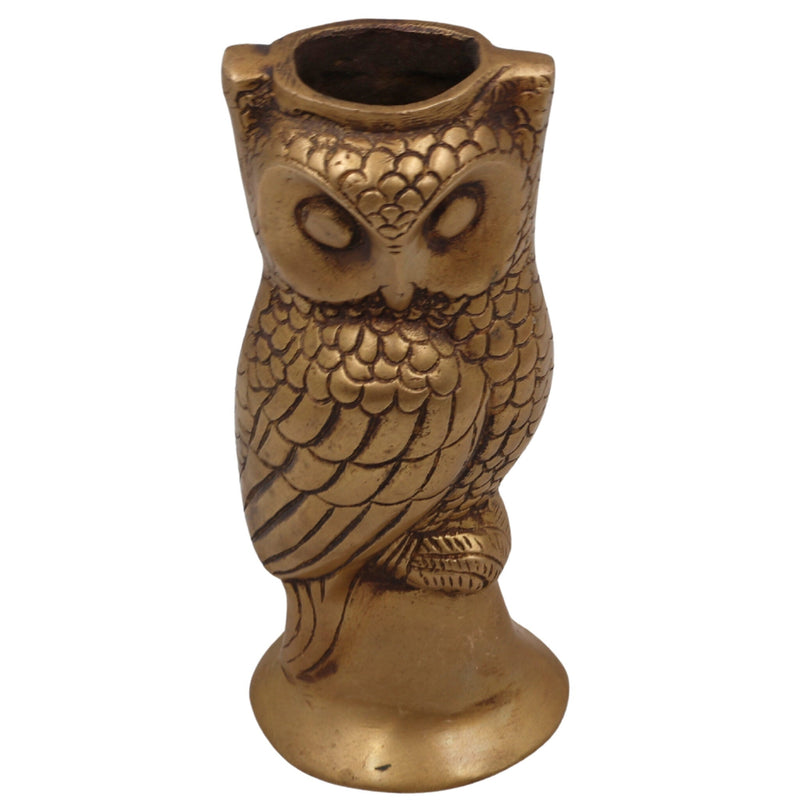 Brass Handcrafted Ullu Pen Holder – Uluka Moorthi Owl Idol for Vastu, Office Decor & Gift – Peetal Ulooka Sculpture by Bhunes, Gold, 7 Inch