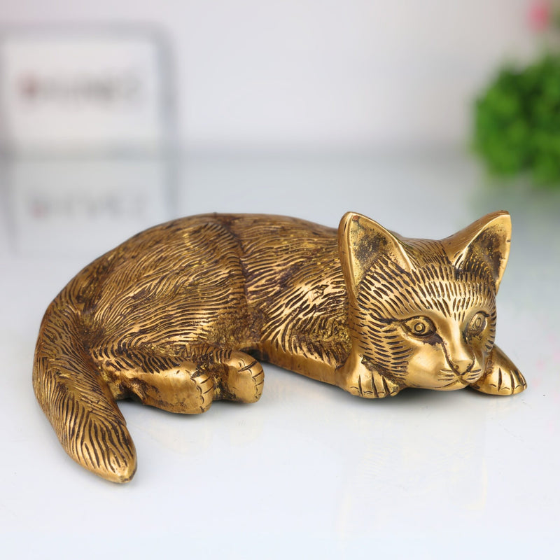 Handcrafted Brass Pital Billi, Marjara, Poonai Showpiece for Home Decor, Gold, 8 Inch