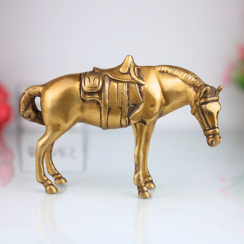 Handcrafted Brass Ghoda | Ashwa | Vastu Horse Showpiece for Home Decor, Pooja & Gifting – Peetal Gurram Kudirai Sculpture, Gold, 6 Inch