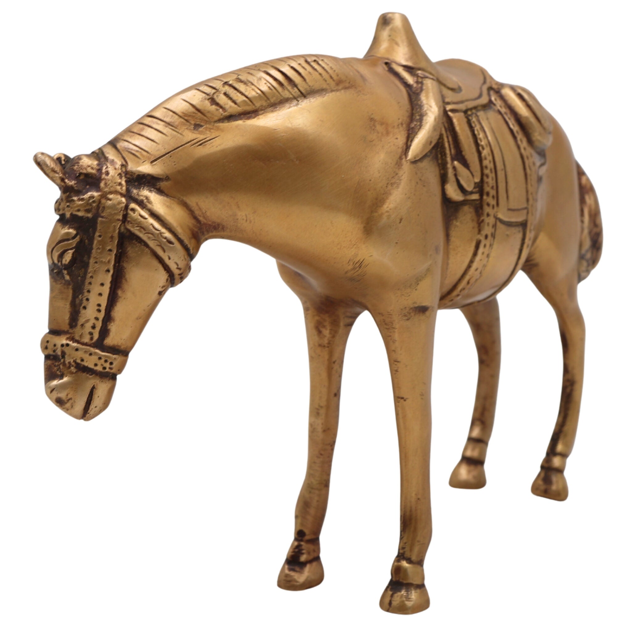 Handcrafted Brass Ghoda | Ashwa | Vastu Horse Showpiece for Home Decor, Pooja & Gifting – Peetal Gurram Kudirai Sculpture, Gold, 6 Inch
