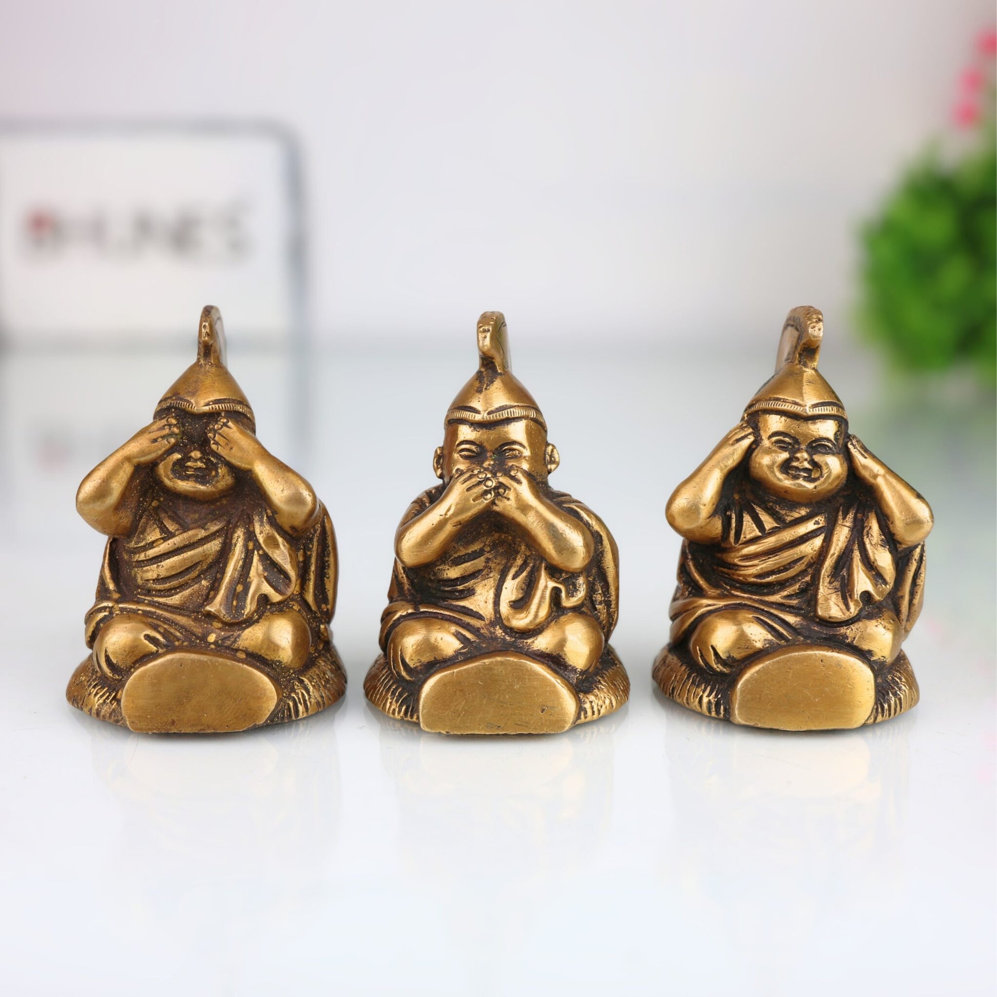 Brass Three Wise Children Idol – Hear No Evil See No Evil Speak No Evil Peetal Pittal Pital Moorti Set for Home Decor, Pooja & Gifting, Gold, 3 Inch