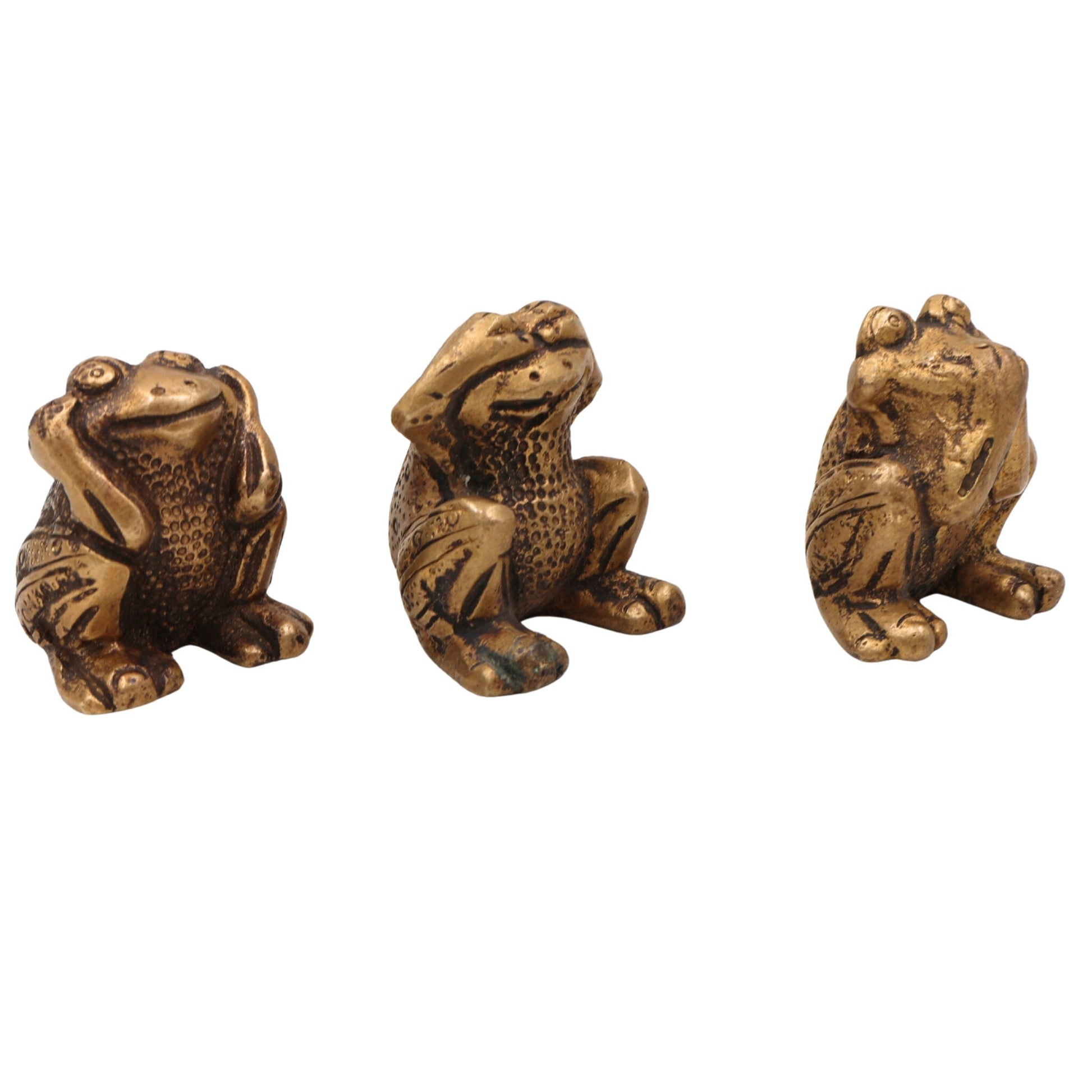 Brass Three Wise Frogs Idol | See No Evil Hear No Evil Speak No Evil | Peetal Vastu Feng Shui Frog Statues for Home Decor, Pooja & Gifts, Gold, 2 Inch