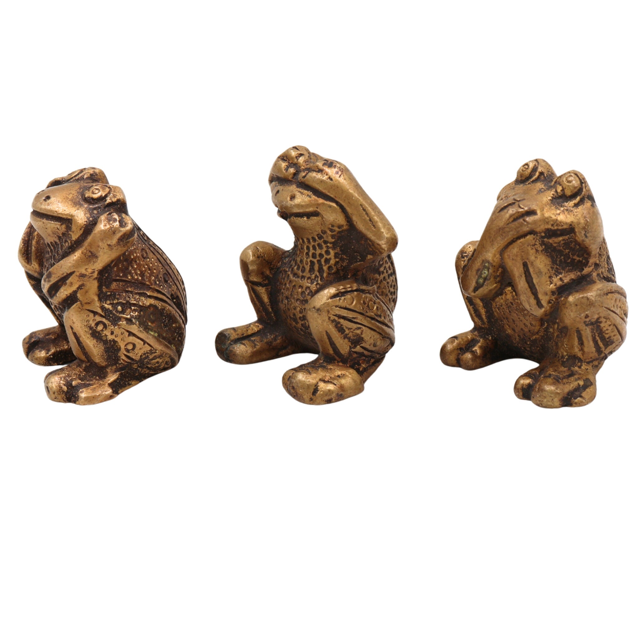 Brass Three Wise Frogs Idol | See No Evil Hear No Evil Speak No Evil | Peetal Vastu Feng Shui Frog Statues for Home Decor, Pooja & Gifts, Gold, 2 Inch