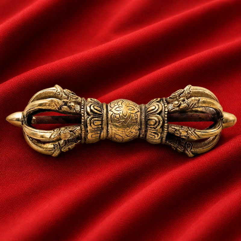 Brass Handcrafted Dorje Vajra, Tibetan Buddhist Thunderbolt, Pital Vajrayudha Sculpture for Puja, Meditation & Home Decor, Gold, 3 Inch