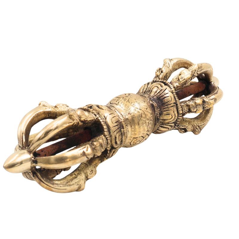 Brass Handcrafted Dorje Vajra, Tibetan Buddhist Thunderbolt, Pital Vajrayudha Sculpture for Puja, Meditation & Home Decor, Gold, 3 Inch