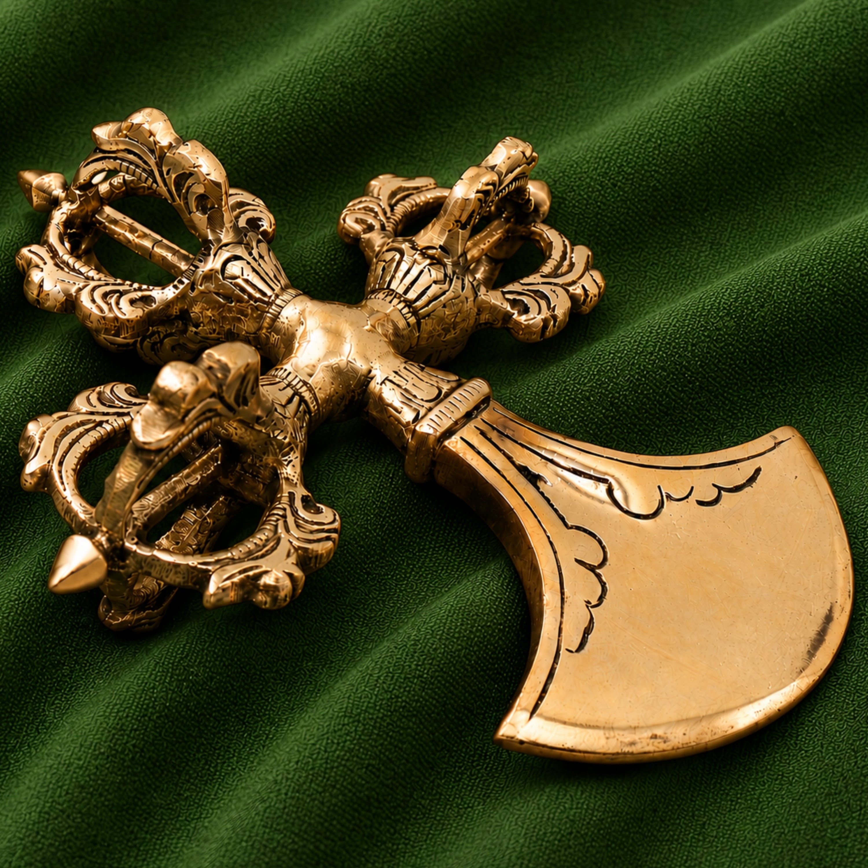 Brass Buddhist Khuladi Idol, Dorje Vajra Axe of Vajrapani, Tibetan Ritual Weapon for Puja, Home Decor & Spiritual Gifts, Gold, 2 Inch