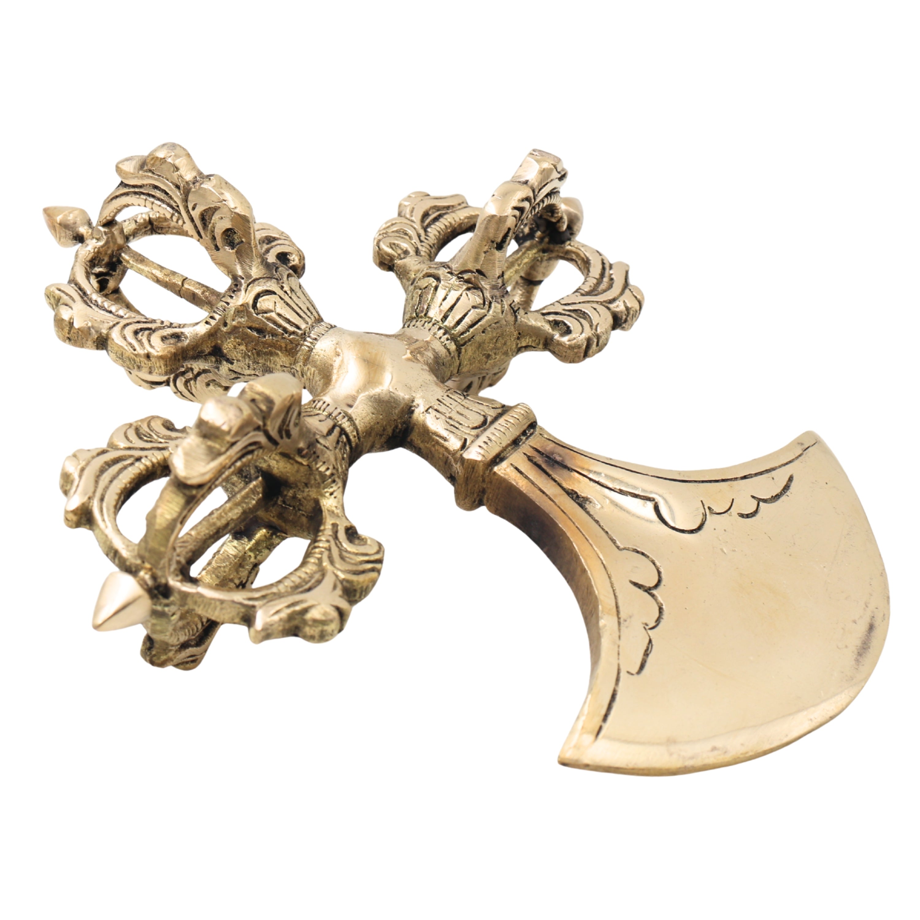 Brass Buddhist Khuladi Idol, Dorje Vajra Axe of Vajrapani, Tibetan Ritual Weapon for Puja, Home Decor & Spiritual Gifts, Gold, 2 Inch