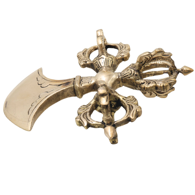 Brass Buddhist Khuladi Idol, Dorje Vajra Axe of Vajrapani, Tibetan Ritual Weapon for Puja, Home Decor & Spiritual Gifts, Gold, 2 Inch