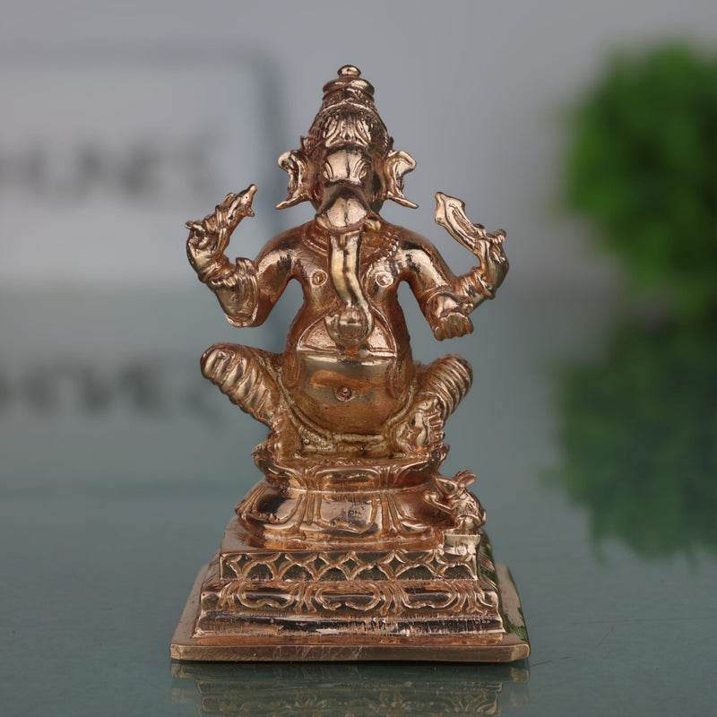 Bronze Panchaloha Ganesha Idol, Handmade Chola Art Vinayaka Ganpati Murti, Vighneshwara, Pillaiyar, Siddhivinayak Temple Sculpture, Gold, 3 Inch, 1 Piece