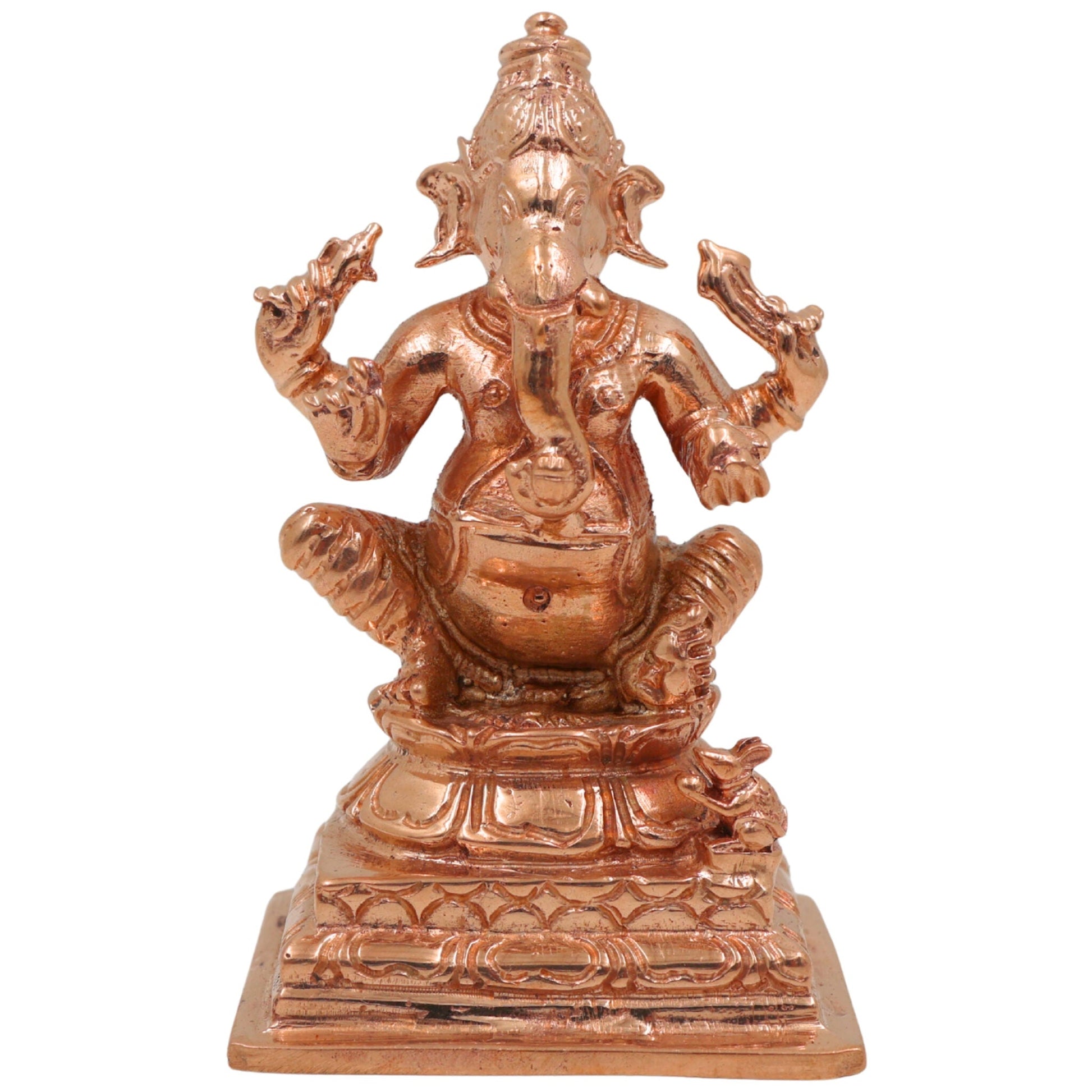 Bronze Panchaloha Ganesha Idol, Handmade Chola Art Vinayaka Ganpati Murti, Vighneshwara, Pillaiyar, Siddhivinayak Temple Sculpture, Gold, 3 Inch, 1 Piece