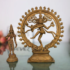 Handcrafted Bronze Nataraja and Parvati Idol | Panchaloha Chola Art Shiva & Shakti Statue | Lord of Dance Murti for Temple & Home Decor, Gold, 6 Inch, 1 Piece