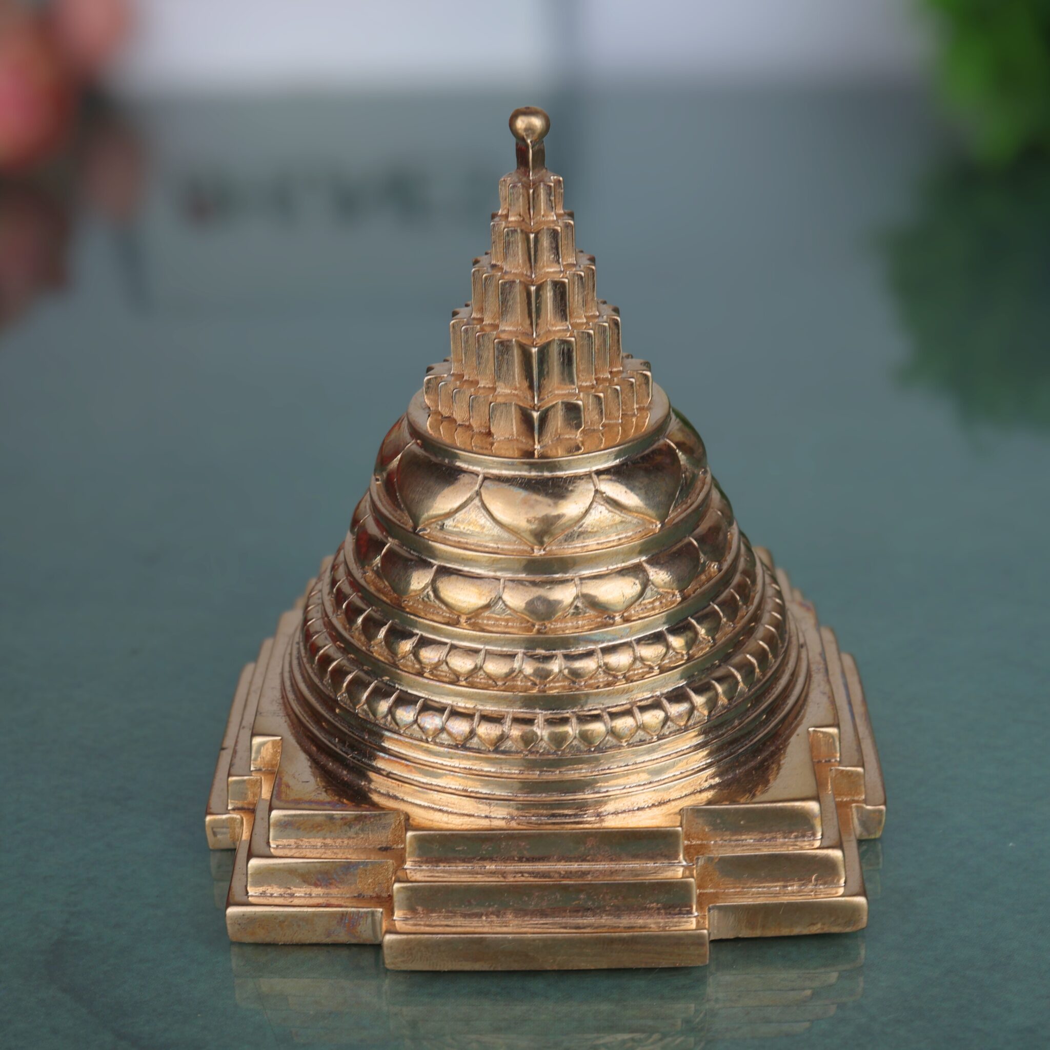 Handcrafted Bronze Shree Yantra, Sri Chakra, Shri Yantra, Maha Meru, Tripura Sundari Yantra, Panchaloha Sacred Yantra for Puja, Meditation & Home Temple, Gold, 4 Inch, 1 Piece