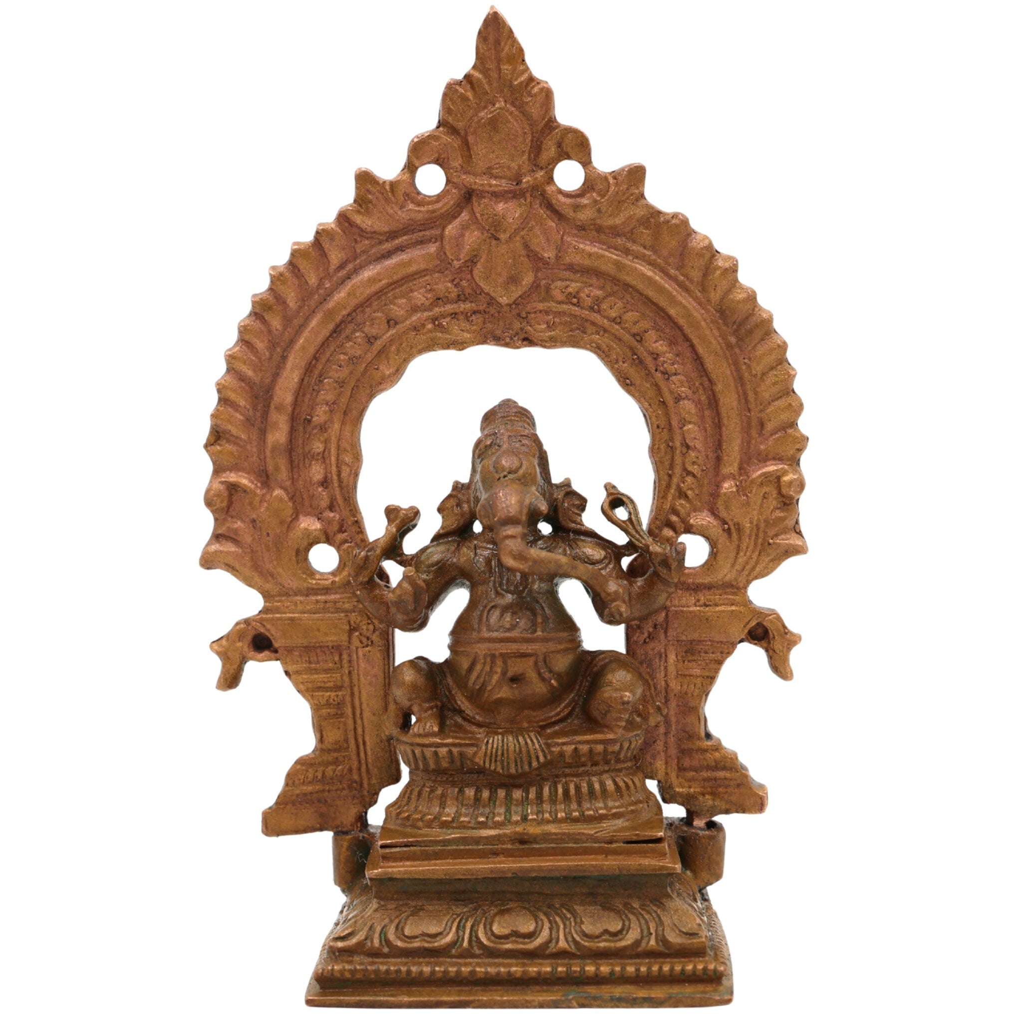 Bronze Handcrafted Ganesha Idol with Prabhavali, Panchaloha, Kansa, Chola Art Ganapati Murti for Pooja & Home Decor, Brown, 3 Inch, 1 Piece