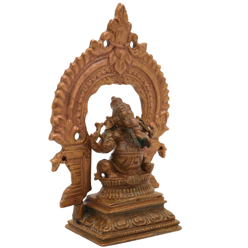 Bronze Handcrafted Ganesha Idol with Prabhavali, Panchaloha, Kansa, Chola Art Ganapati Murti for Pooja & Home Decor, Brown, 3 Inch, 1 Piece