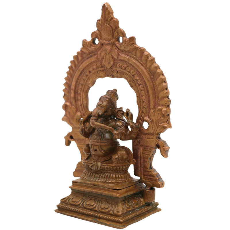Bronze Handcrafted Ganesha Idol with Prabhavali, Panchaloha, Kansa, Chola Art Ganapati Murti for Pooja & Home Decor, Brown, 3 Inch, 1 Piece