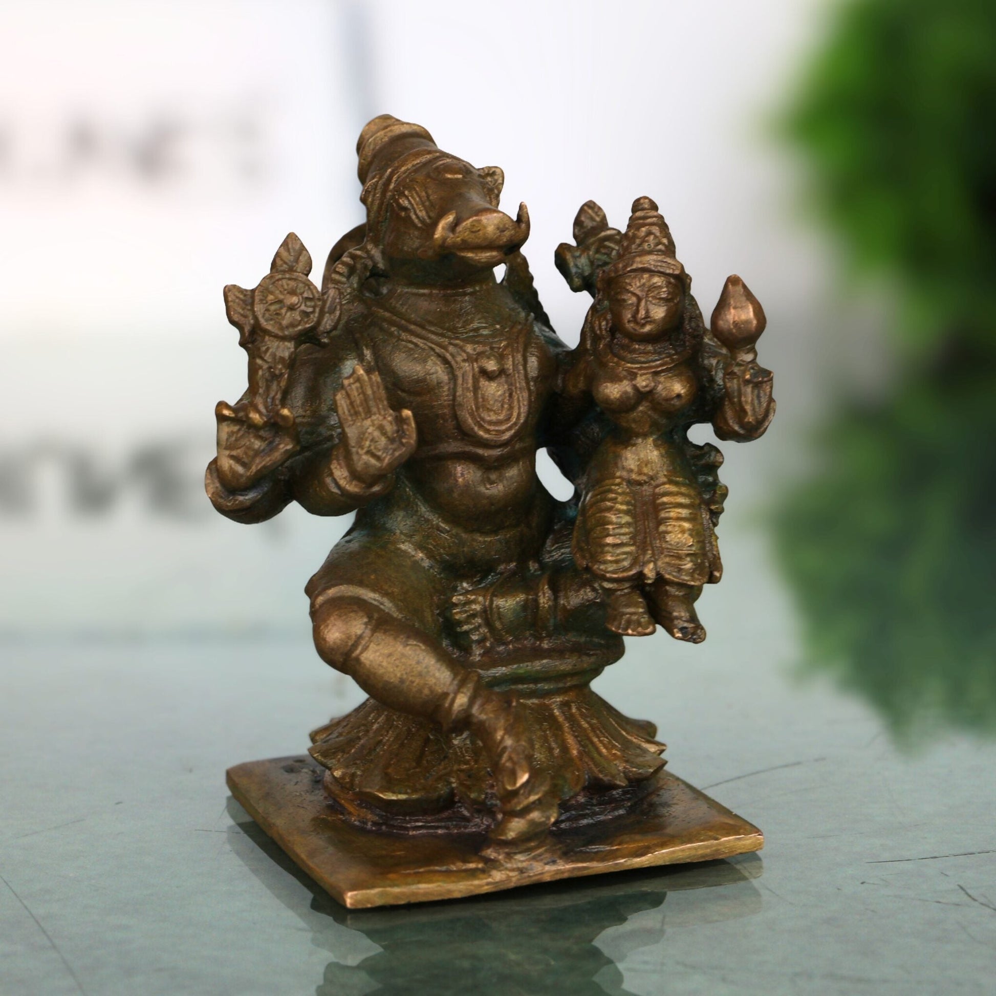 Bronze Handcrafted Varaha Lakshmi Idol | Panchaloha Bhudevi & Varahi Murti | Temple & Home Decor Statue, Brown, 2.5 Inch, 1 Piece