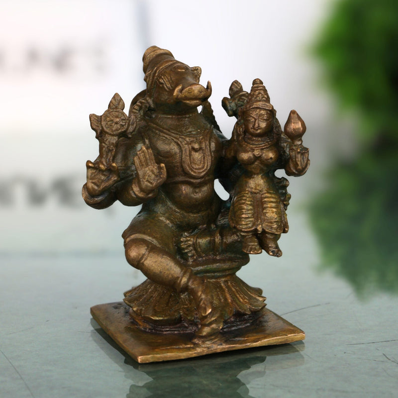 Bronze Handcrafted Varaha Lakshmi Idol | Panchaloha Bhudevi & Varahi Murti | Temple & Home Decor Statue, Brown, 2.5 Inch, 1 Piece