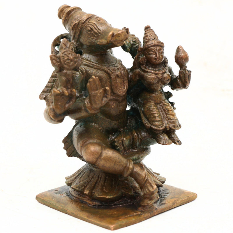 Bronze Handcrafted Varaha Lakshmi Idol | Panchaloha Bhudevi & Varahi Murti | Temple & Home Decor Statue, Brown, 2.5 Inch, 1 Piece